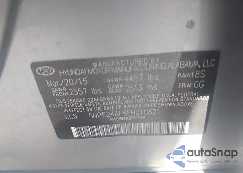 2015 Hyundai Sonata Se z USA, uszkodzony, nr VIN 5NPE24AF6FH210821